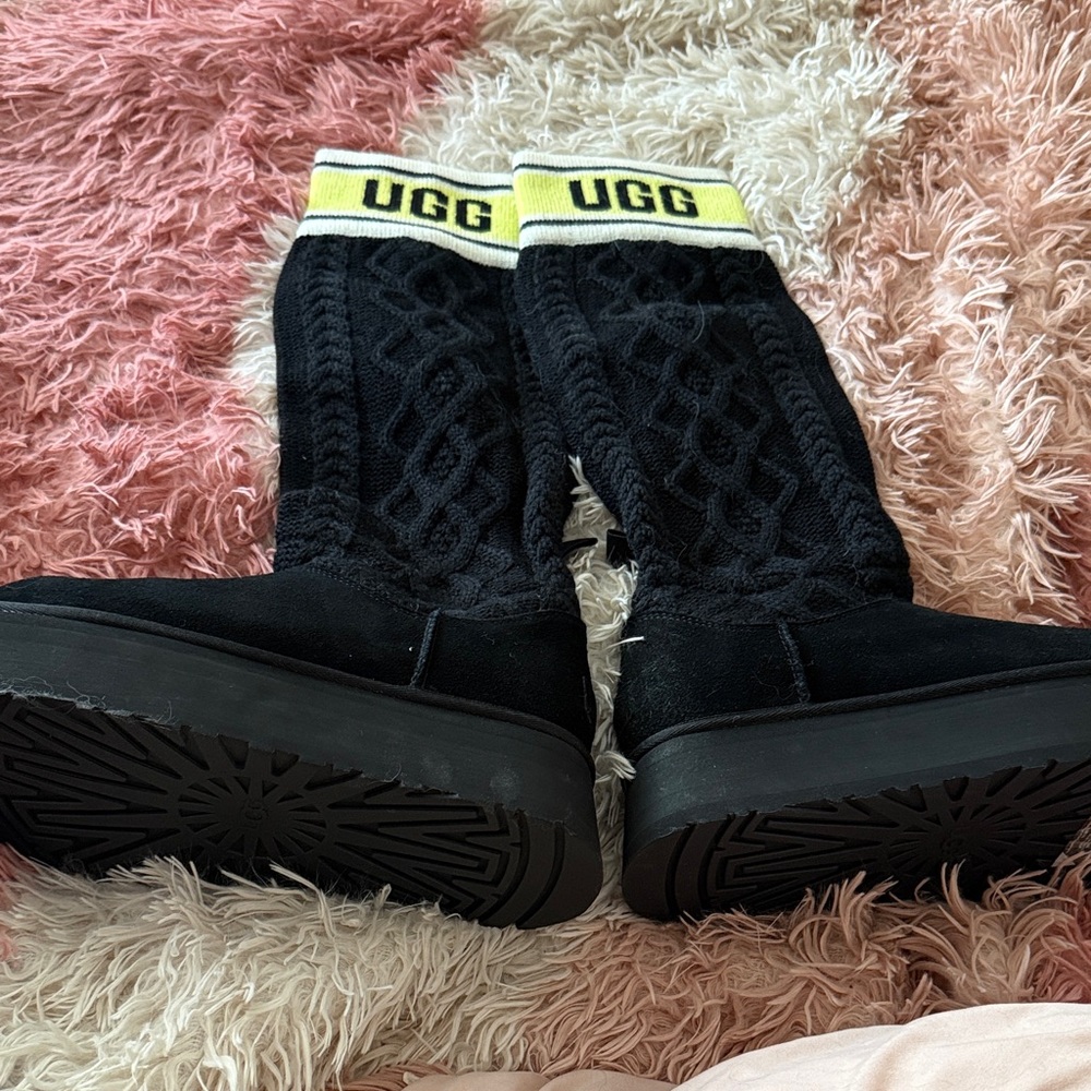 Never worn UGG Black Knit Sweater Letter Platform Boots with Yellow Branded Cuff
